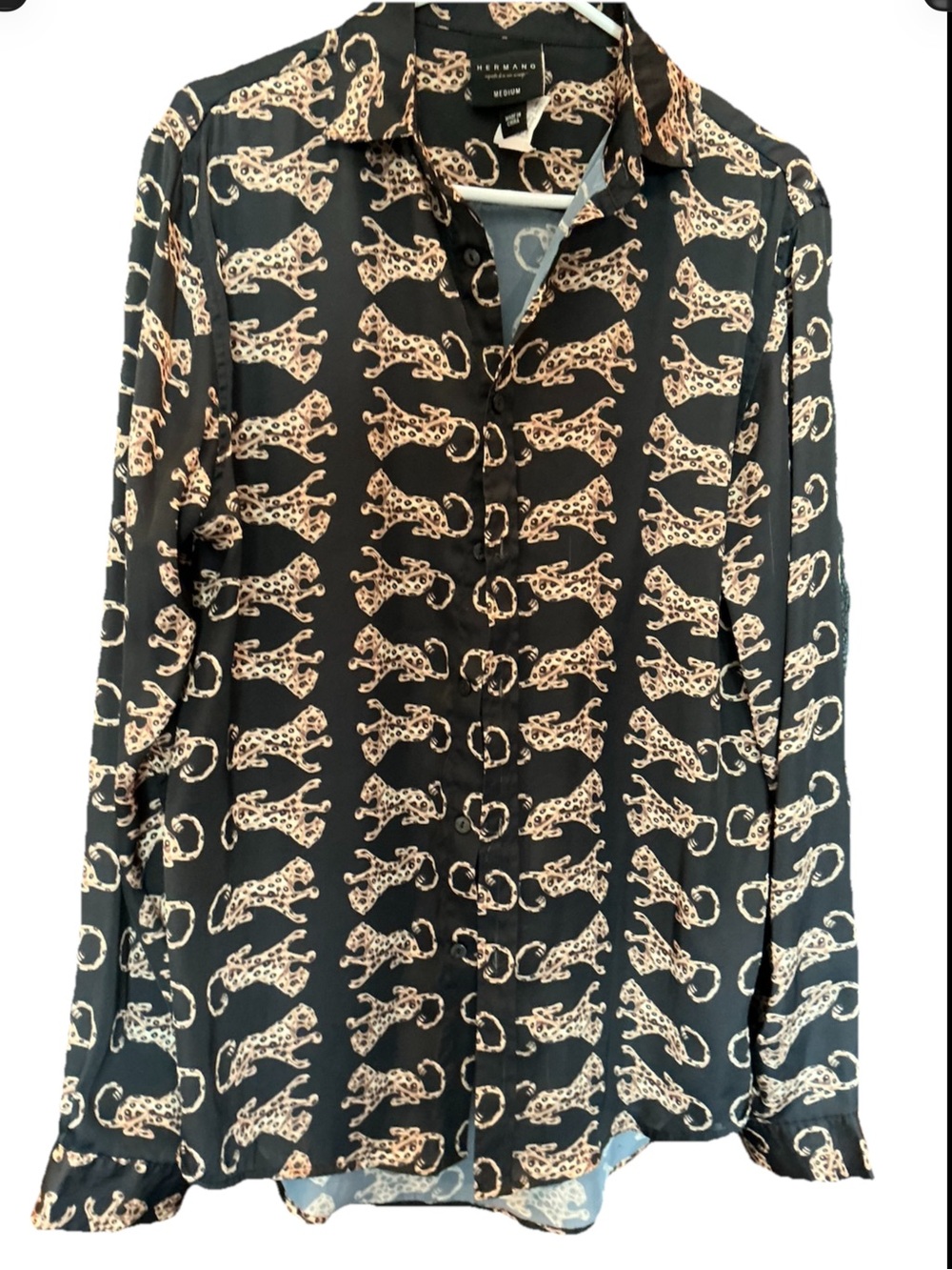 Men’s Hermano Leopard Print Button Up Shirt Black Tan Long Sleeve Medium
